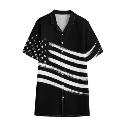 Black And White American Flag Print Cotton Hawaiian Shirt