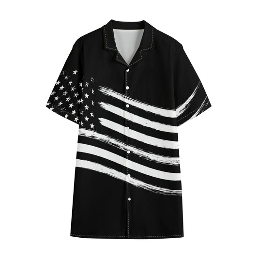 Black And White American Flag Print Cotton Hawaiian Shirt