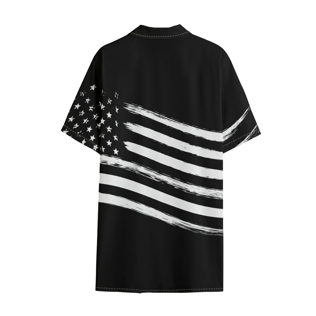 Black And White American Flag Print Cotton Hawaiian Shirt