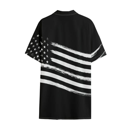 Black And White American Flag Print Cotton Hawaiian Shirt