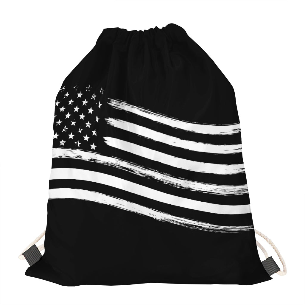 Black And White American Flag Print Drawstring Bag