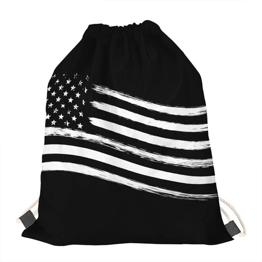 Black And White American Flag Print Drawstring Bag