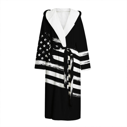 Black And White American Flag Print Hooded Bathrobe