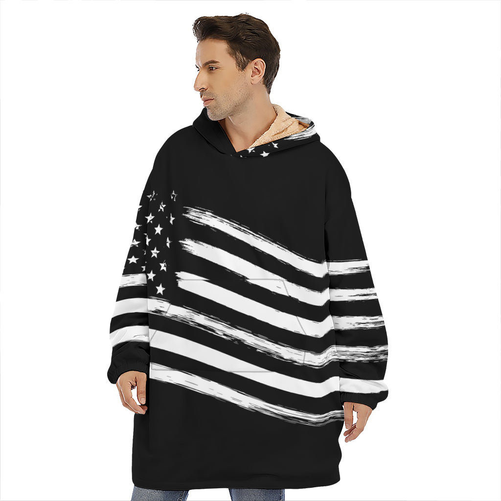 Black And White American Flag Print Hoodie Blanket