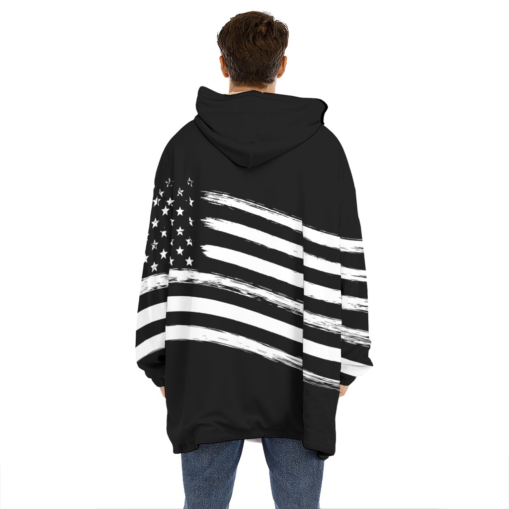 Black And White American Flag Print Hoodie Blanket
