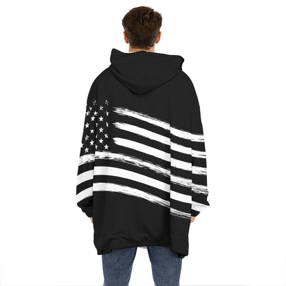 Black And White American Flag Print Hoodie Blanket