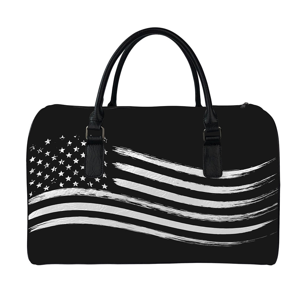 Black And White American Flag Print Leather Duffle Bag