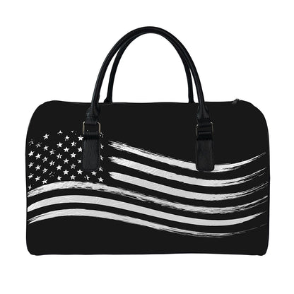Black And White American Flag Print Leather Duffle Bag