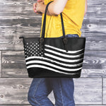 Black And White American Flag Print Leather Tote Bag