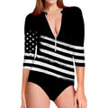 Black And White American Flag Print Long Sleeve Swimsuit