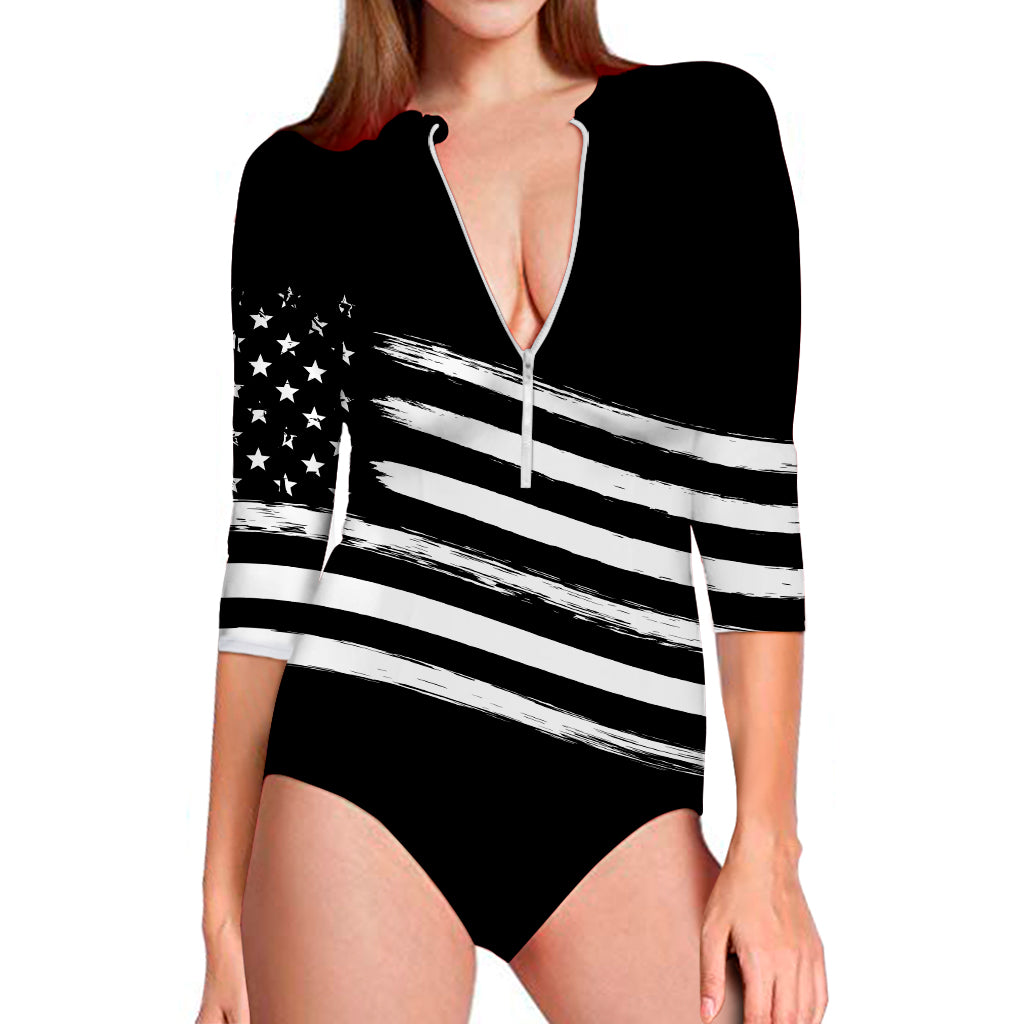 Black And White American Flag Print Long Sleeve Swimsuit