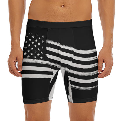 Black And White American Flag Print Men's Long Boxer Briefs