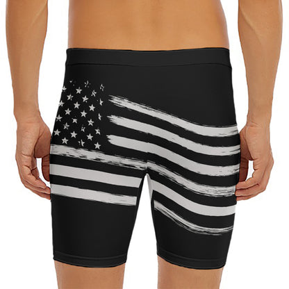 Black And White American Flag Print Men's Long Boxer Briefs