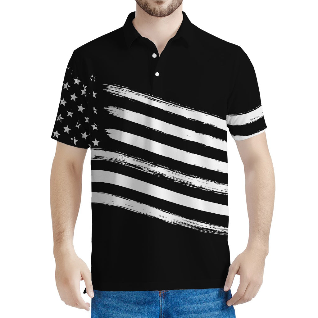 Black And White American Flag Print Men's Polo Shirt