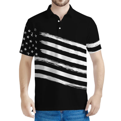 Black And White American Flag Print Men's Polo Shirt