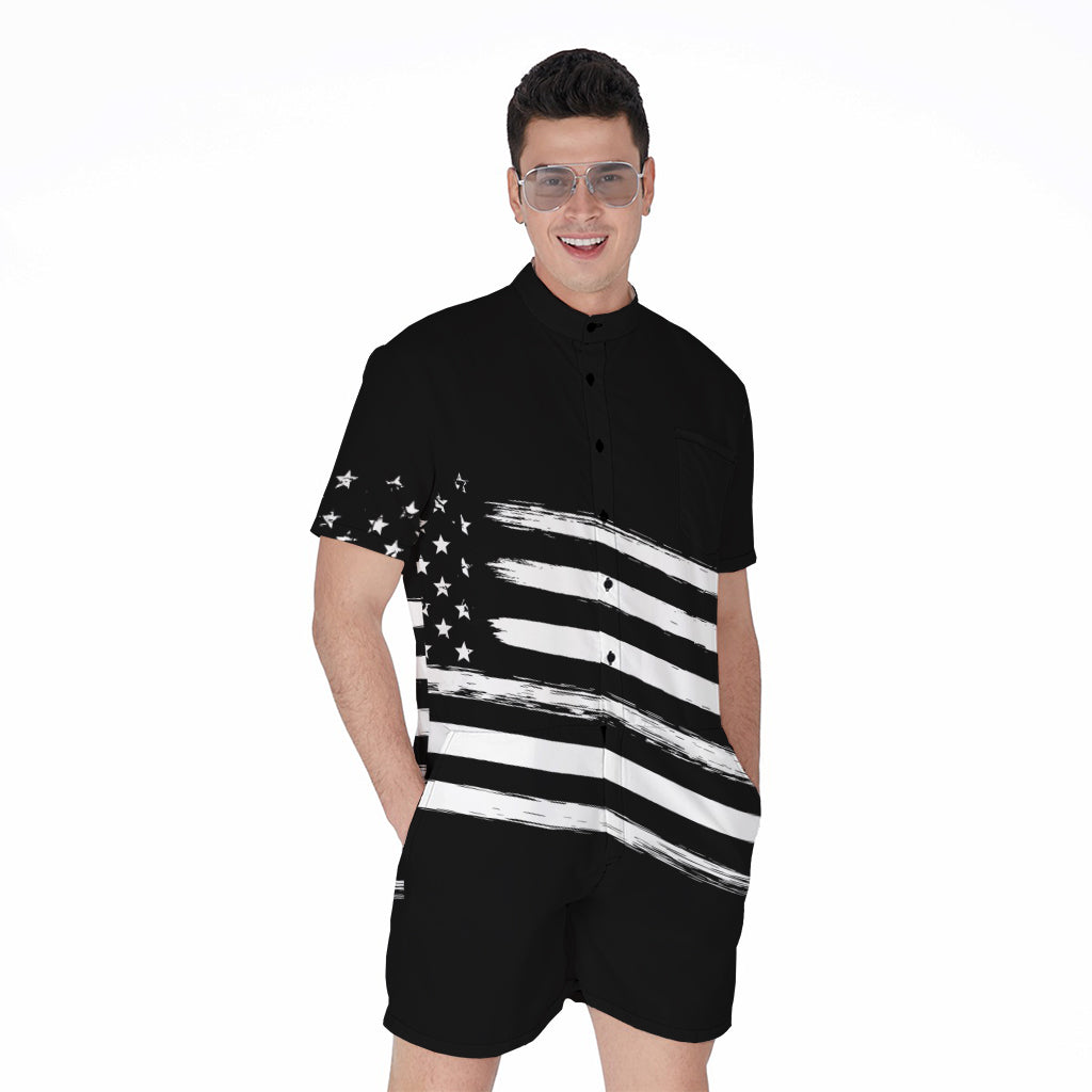 Black And White American Flag Print Men's Rompers