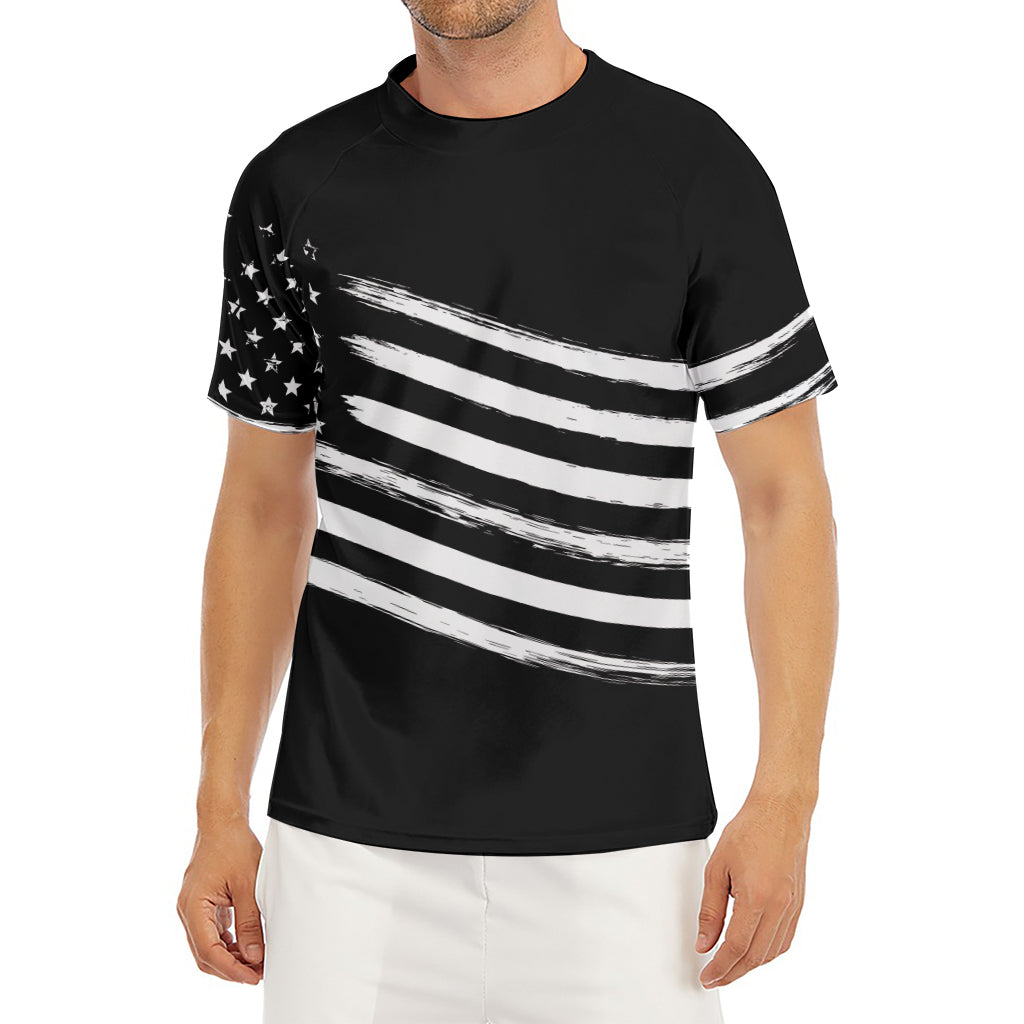 Black And White American Flag Print Men's Short Sleeve Rash Guard