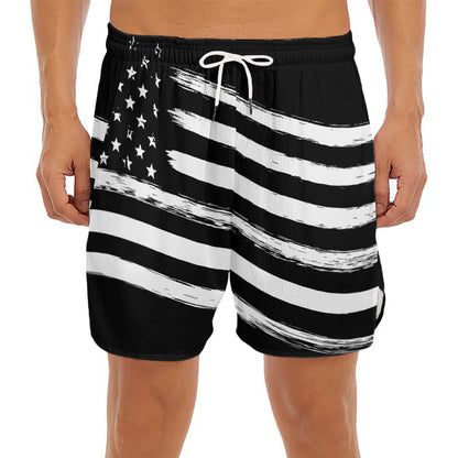 Black And White American Flag Print Men's Split Running Shorts