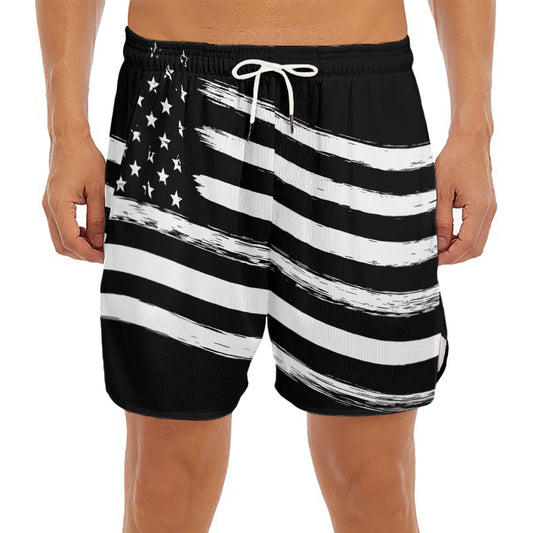 Black And White American Flag Print Men's Split Running Shorts