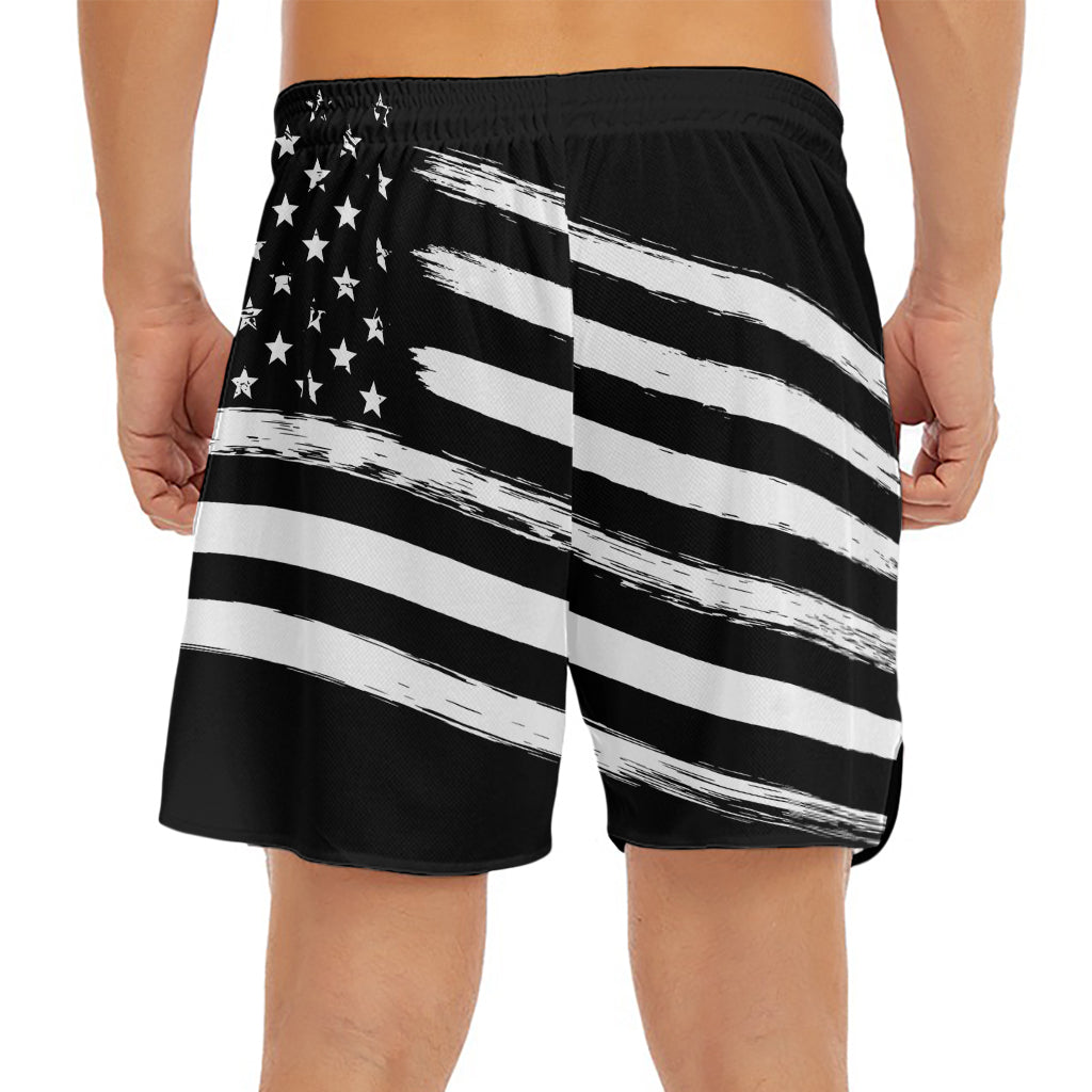 Black And White American Flag Print Men's Split Running Shorts