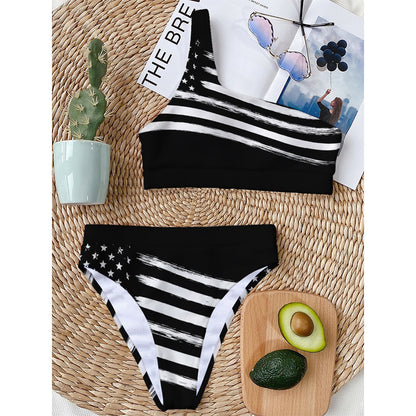 Black And White American Flag Print One Shoulder Bikini Top