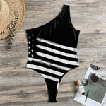 Black And White American Flag Print One Shoulder Bodysuit