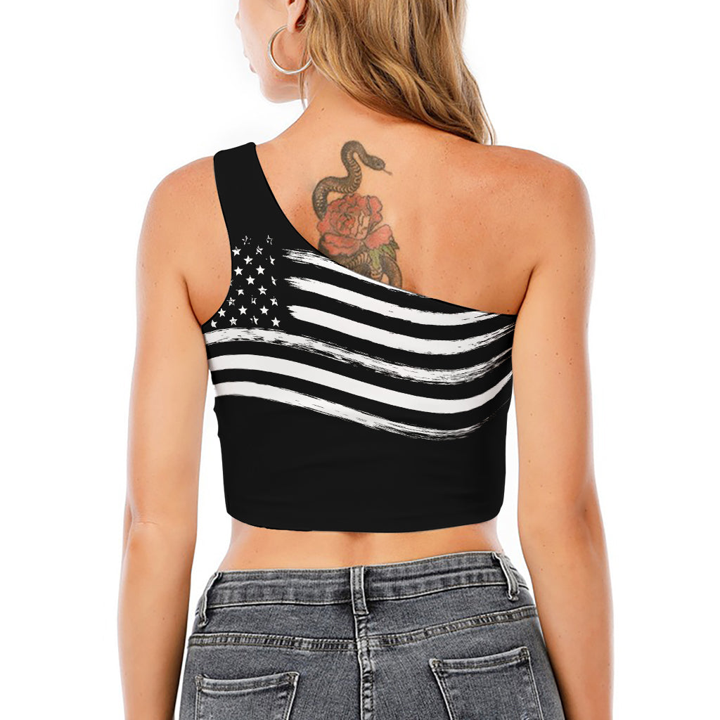 Black And White American Flag Print One Shoulder Crop Top