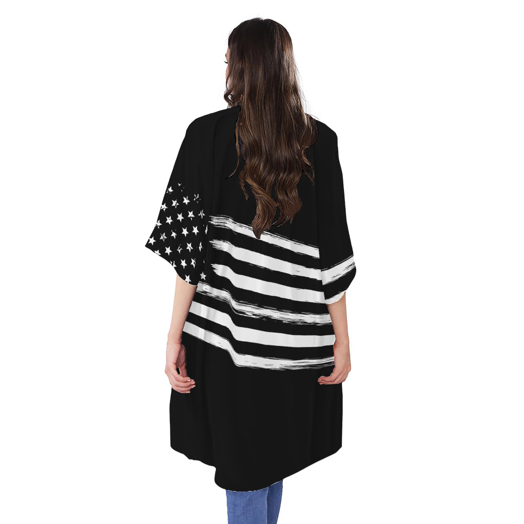 Black And White American Flag Print Open Front Beach Cover Up