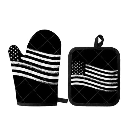 Black And White American Flag Print Oven Mitt And Pot Holder Set