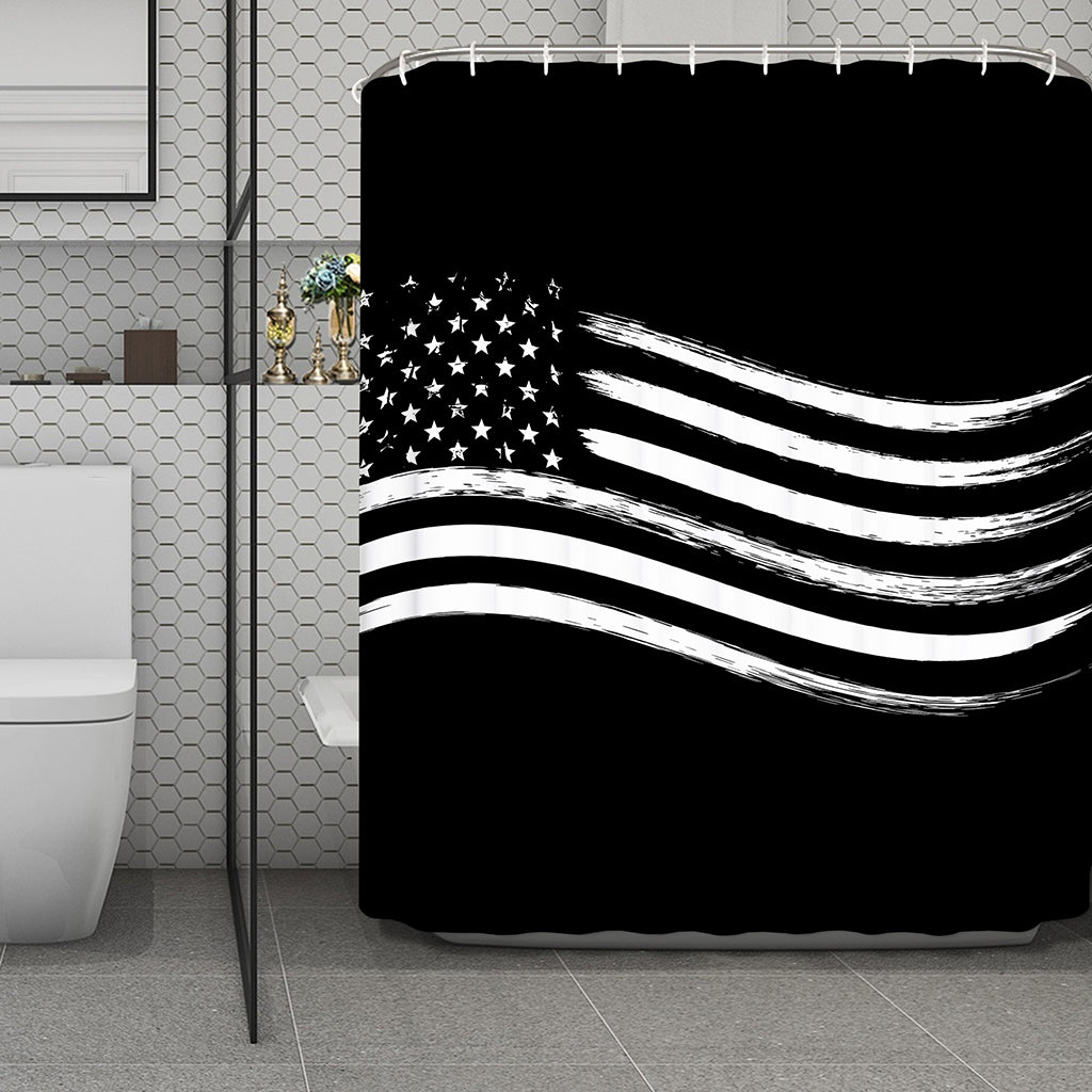 Black And White American Flag Print Polyester Shower Curtain