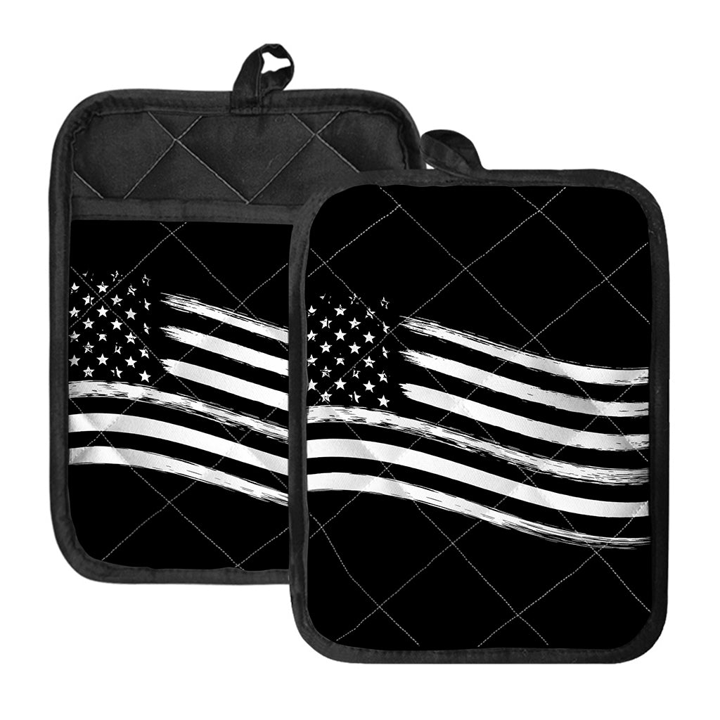 Black And White American Flag Print Pot Holders With Pocket