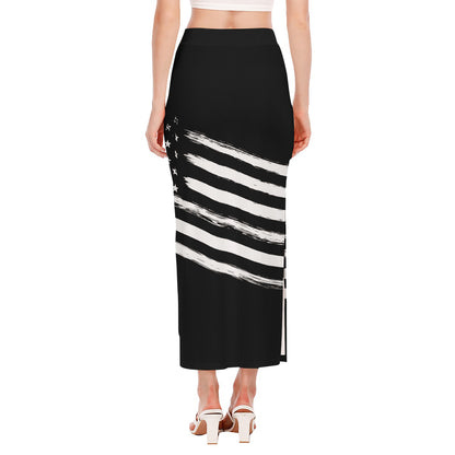 Black And White American Flag Print Side Slit Maxi Skirt