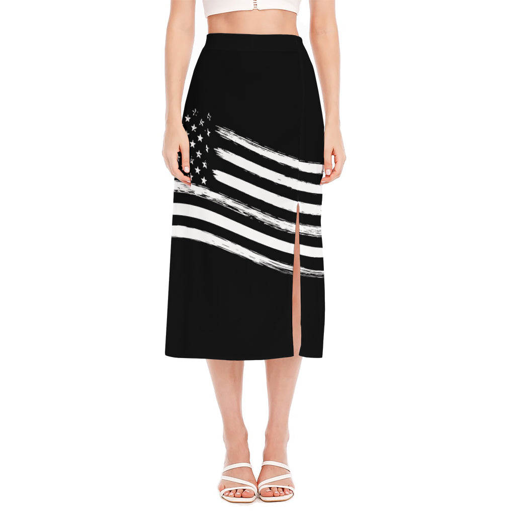 Black And White American Flag Print Side Slit Midi Skirt