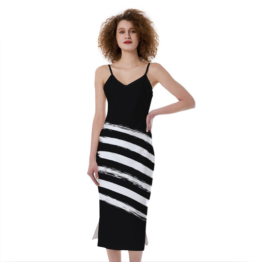 Black And White American Flag Print Slim Fit Midi Cami Dress