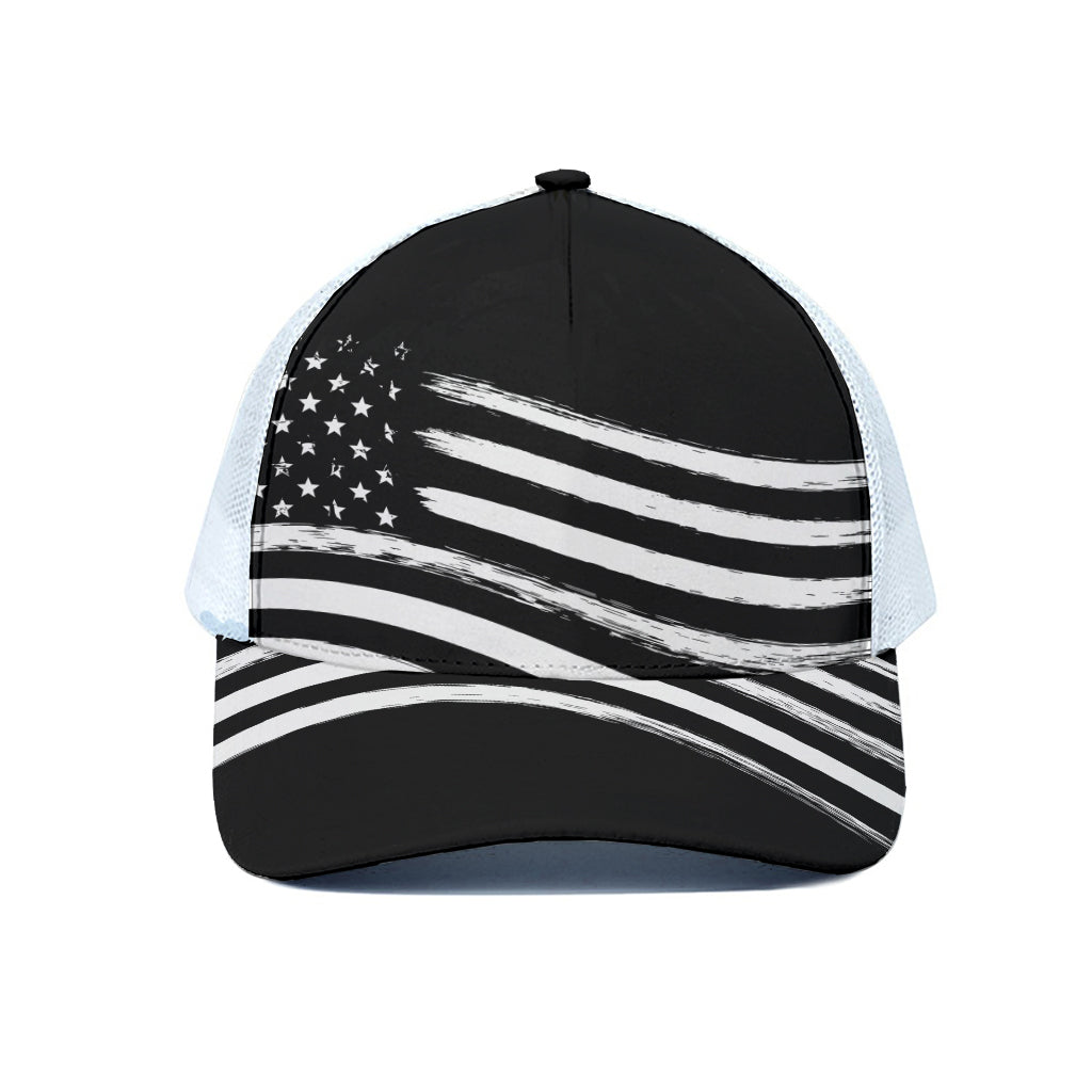 Black And White American Flag Print White Mesh Trucker Cap