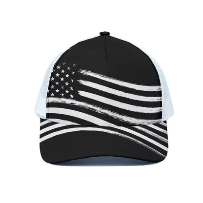Black And White American Flag Print White Mesh Trucker Cap