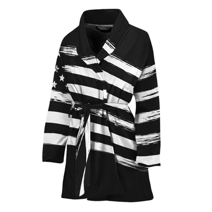 Black And White American Flag Print Women's Bathrobe