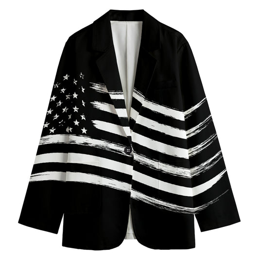 Black And White American Flag Print Women's Cotton Blazer