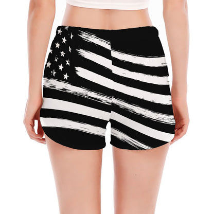 Black And White American Flag Print Women's Split Running Shorts