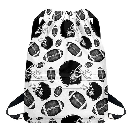 Black And White American Football Print Drawstring Backpack