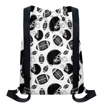 Black And White American Football Print Drawstring Backpack