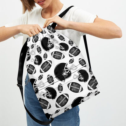 Black And White American Football Print Drawstring Backpack