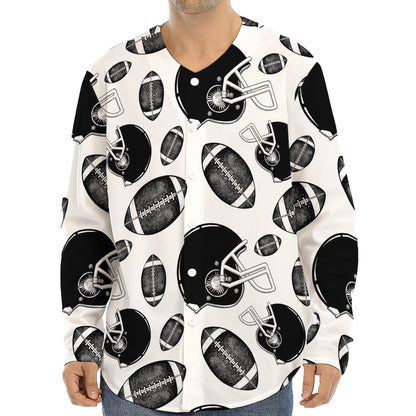 Black And White American Football Print Long Sleeve Baseball Jersey