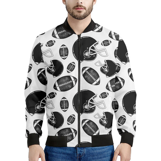 Black And White American Football Print Men's Bomber Jacket