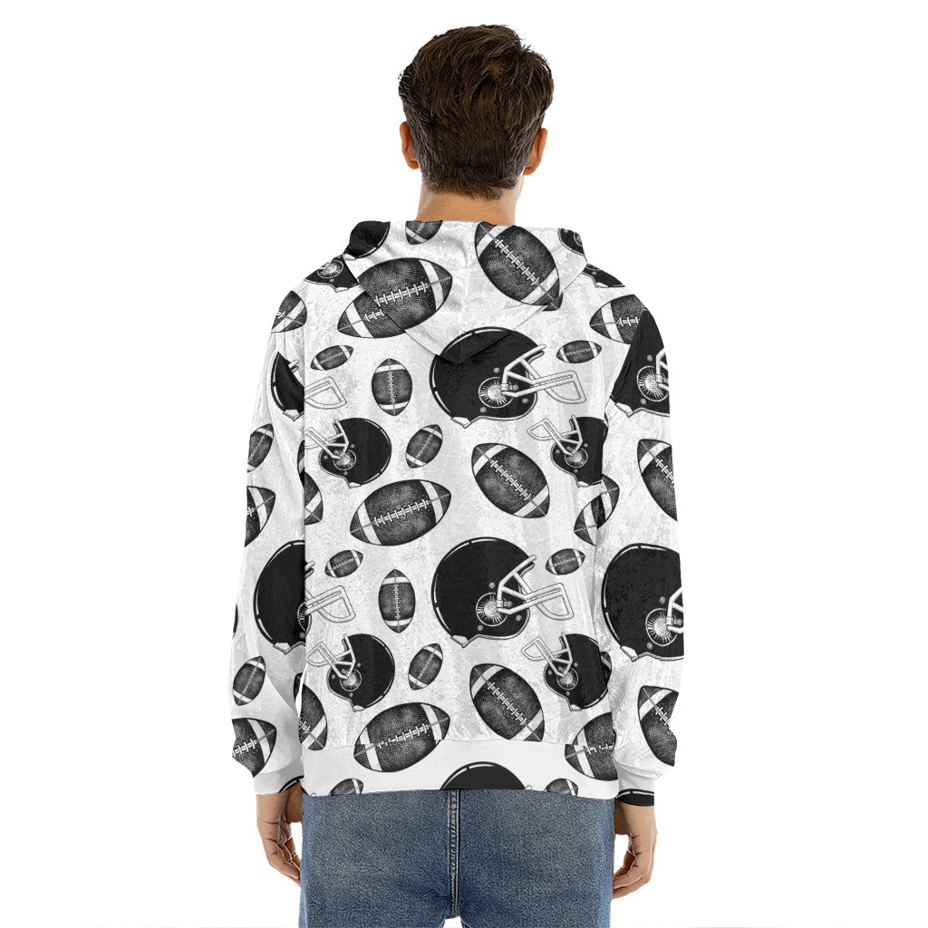 Black And White American Football Print Men's Velvet Pullover Hoodie