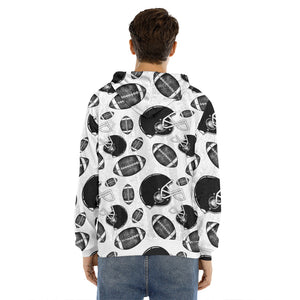 Black And White American Football Print Men's Velvet Pullover Hoodie