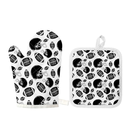 Black And White American Football Print Oven Mitt And Pot Holder Set