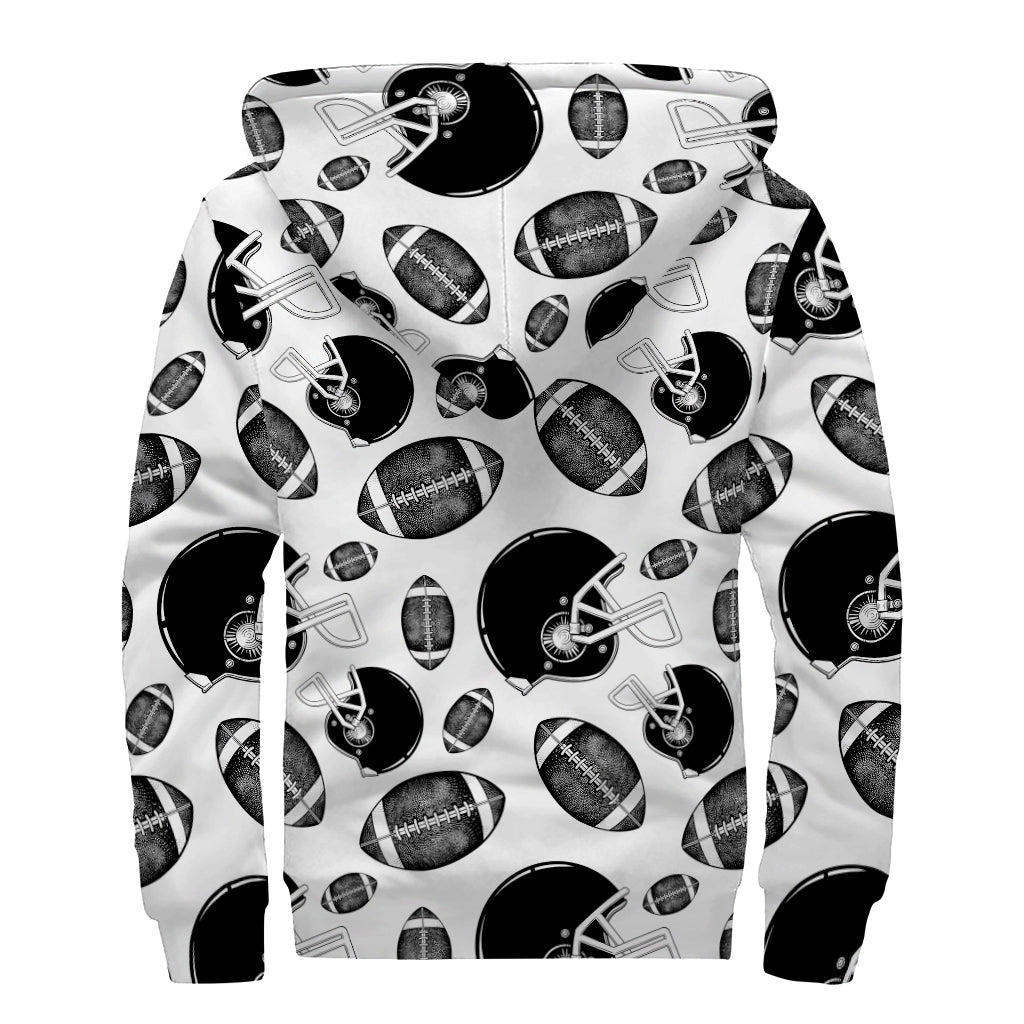 Black And White American Football Print Sherpa Lined Zip Up Hoodie