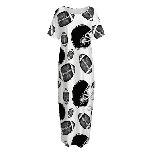 Black And White American Football Print Short Sleeve Long Nightdress