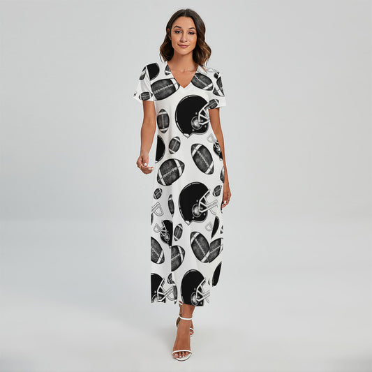 Black And White American Football Print Short Sleeve Maxi Dress